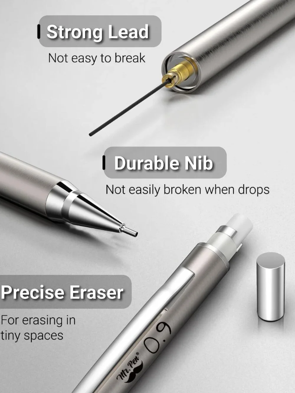 Mr. Pen- Metal Mechanical Pencil Set with Lead Refills & Erasers, 2 Pack | 0.9mm